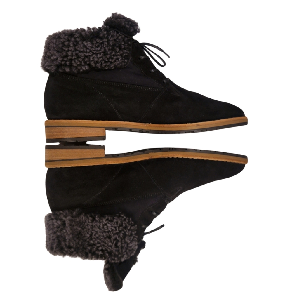 Paul Green Black Suede Lace-Up Ankle Boots with Gray Shearling Cuff - Picture 6 of 13